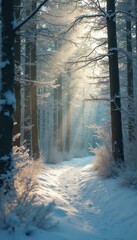 Poster - Winter Forest Path Sunlight: Snow-Covered Trees, Bright Sun Rays, Calm Scenic Landscape