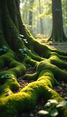 Poster - Enchanted Forest Roots Covered in Vibrant Moss and Small Green Plants