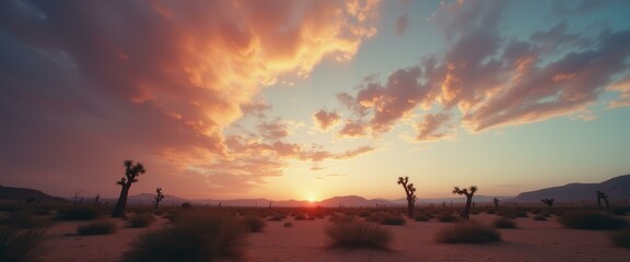 Wall Mural - sunset in the desert with silhouettes of joshua trees under a sky ablaze with vibrant red and orange