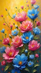 Poster - Vivid Floral Oil Painting: Pink and Blue Blooms Against a Textured Yellow Backdrop