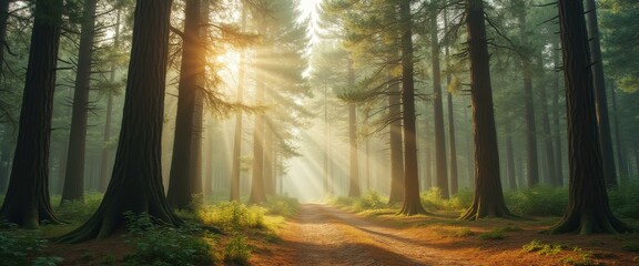 Aufkleber - Sunlight through tall trees illuminates a serene forest path, creating a peaceful and scenic atmosphere