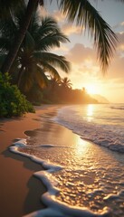 Poster - Tropical beach with palm trees during a golden sunset, gentle waves lapping the shore, creating a tranquil and idyllic coastal scene.