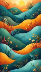 Poster - Colorful Rolling Hills Landscape with Sun, Foliage, and Nature Illustration
