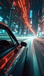© vadosloginov - Dynamic perspective of a high-speed car journey through a vibrant cityscape with neon lights creating a futuristic effect