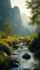 Poster - Scenic Valley with a Rocky Stream, Verdant Meadows, and Towering Cliffs on a Bright, Sunny Day