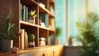 © Visual Voyage - Sunlit wooden bookshelf filled with books and potted plants, creating a cozy and inviting atmosphere.