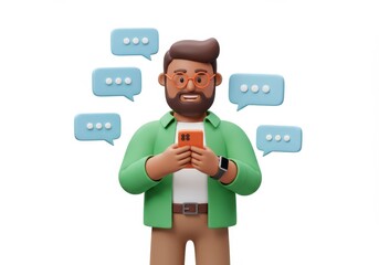 3D Illustration of Cartoon man using smartphone surrounded by message bubbles isolated on white background