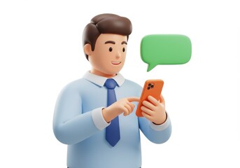 3D Illustration of Cartoon man using smartphone with speech bubble isolated on white background