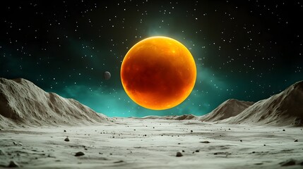 Wall Mural - alien landscape orange planet rising over desolate moon surface at night