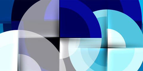 Leinwandbilder - Abstract composition. Overlapping circles, rectangles create dynamic visual effect. Cool blues, whites dominate black background. Modern design.