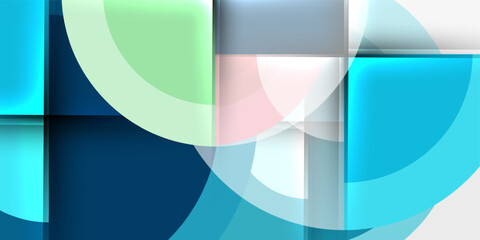 Leinwandbilder - Abstract composition. Overlapping shapes, circles, rectangles create dynamic visual effect. Cool color palette dominates design.