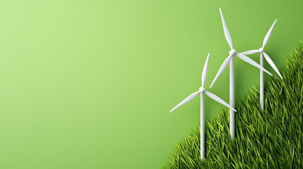Aufkleber - Wind turbines on grassy hill against green background symbolize renewable energy and sustainability. image highlights technological innovations in green energy
