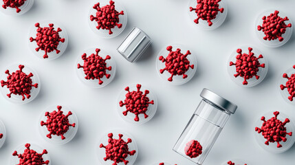 Leinwandbilder - Vaccine research is depicted with red virus models and vials, symbolizing innovation and challenges in medical science. image conveys sense of urgency and progress in healthcare