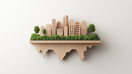 Poster - Wooden cityscape model with trees and buildings creatively represents urban planning and sustainable development. design highlights eco friendly architecture and green spaces