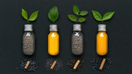 Aufkleber - Four glass jars shaped like light bulbs contain seeds and yellow liquid, each topped with green leaves, symbolizing renewable energy and sustainability