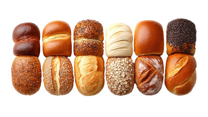 Aufkleber - Variety of freshly baked bread rolls are arranged in row, showcasing different textures and toppings like seeds and grains. assortment highlights diversity in bakery products