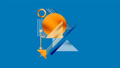 Poster - Abstract geometric composition. Orange shapes contrast blue background. Lines, circles, triangles create modern design. Minimalist aesthetic.