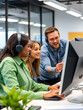 © Robin - Call center supervisor providing support and guidance to intern, addressing questions. Customer support office onboarding specialist conducting orientation sessions for new agent using PC