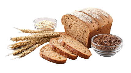 Aufkleber - Whole grain bread with sliced pieces, surrounded by wheat stalks, oats, and flax seeds, showcases role of bakery innovation in promoting better nutrition