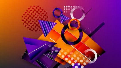 Poster - Abstract geometric composition. Vibrant orange, purple gradients dominate. Shapes overlap, creating dynamic visual effect. Modern design elements present.