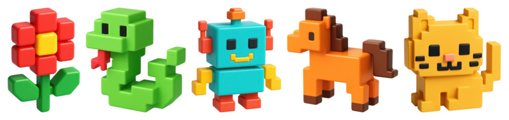 Wall Mural - PNG Colorful pixelated toy characters, element set on transparent background