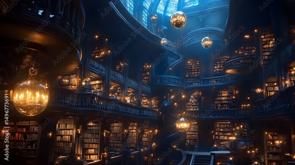 Vast magical library with floating books glowing orbs and ancient tomes ...