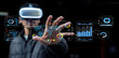 © Luke - Young man using virtual reality headset interacting with futuristic digital interface displaying charts and graphs in dark background