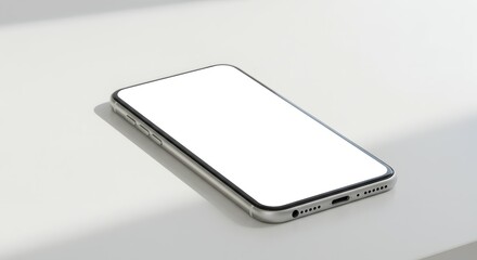 Wall Mural - Clean Minimalist Smartphone Mockup White Phone on White Surface, Blank Screen, Perfect for App Presentations and Website Designs, Modern Technology Image