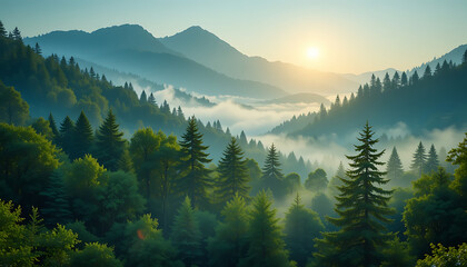  Misty mountains bask in morning sunlight