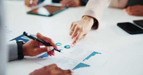 Aufkleber - Reports, statistics and hands of business people in office for finance, profit or revenue analysis. Meeting, paperwork and financial managers with data documents for budget planning with discussion.