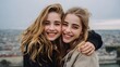 © Lucas - Two smiling young women embracing, enjoying a cityscape view, captured in a warm and friendly portrait.
