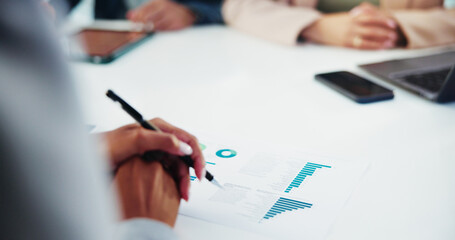 Aufkleber - Documents, finance and hands of business people in office for statistics, profit or revenue analysis. Meeting. paperwork and financial managers with data report for budget planning with discussion.