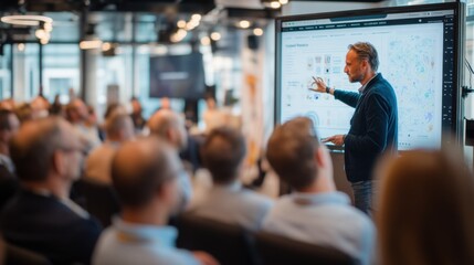 Poster - Man Giving Presentation to Audience on Large Touchscreen, Showcasing Business Strategy and Corporate Training : Generative AI