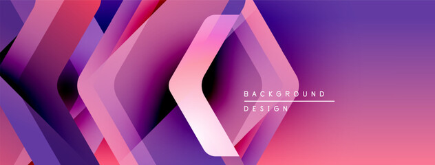 Fototapete - Abstract geometric shapes overlap, creating vibrant purple, pink gradient. Modern design suggests technology, innovation, energy.