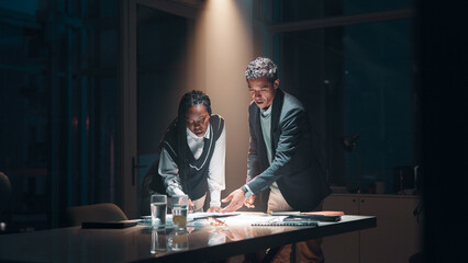 Aufkleber - Management, documents and business people at night meeting for overtime, planning or research. Creative startup, collaboration and man with woman for project, proposal and brainstorming in office