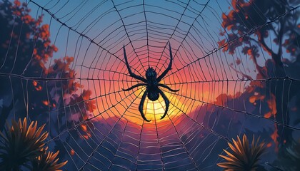 Silhouetted spider on intricate web against dramatic orange and purple sunset