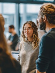 Aufkleber - Young Woman Listening Attentively in a Casual Meeting, Illustrating Teamwork and Workplace Communication, With a Focus on Employee Engagement and Collaboration : Generative AI