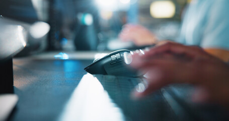 Aufkleber - Hands, business and person with keyboard, mouse and typing with deadline for news report. Closeup, email and journalist with computer, research and search for website information, internet or blur