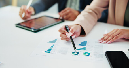 Aufkleber - Documents, statistics and hands of business people in office for finance, profit or revenue analysis. Meeting. paperwork and financial managers with data report for budget planning with discussion.