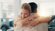 © peopleimages.com - Couple, woman and excited with hug in car dealership, celebration and appreciation for new motor. Showroom, man and happy partner with love embrace for vehicle purchase, auto transport and thank you