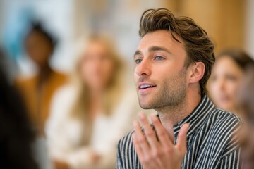 Aufkleber - Man Speaking at a Meeting With Diverse Colleagues, Illustrating Leadership and Corporate Communication in a Modern Workplace Setting : Generative AI
