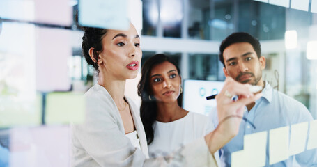 Aufkleber - Glass wall, collaboration and business people in office, planning and about us with brainstorming. Employees, feedback or PR agency with ideas, company growth and support for proposal or sales review