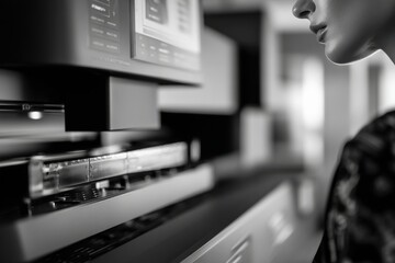 Poster - Woman Examining Modern Technology in Monochrome, Showcasing Innovation and Digital Transformation in a Corporate Environment, Representing Progress : Generative AI