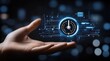 © AT - A hand hovers over a glowing, futuristic digital timer interface, suggesting technological control of time or processes