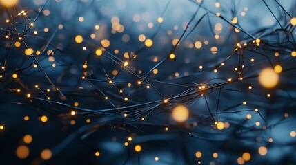 Glowing orbs of light dancing across intricate metallic strands in a captivating celestial web with deep navy