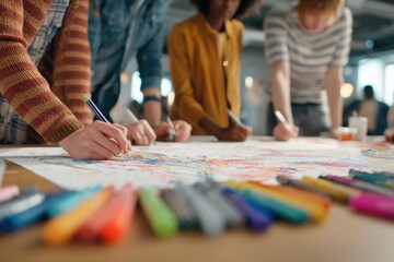 Aufkleber - Group of Diverse People Drawing Together on Large Paper, Illustrating Collaboration and Creative Teamwork in a Modern Office Environment for Business Solutions : Generative AI