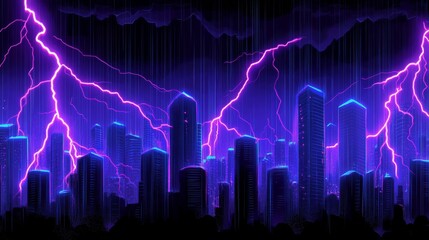 Aufkleber - Electric Cityscape: A Neon Storm Over Modern Metropolis, Where Lightning Strikes Illuminate the Urban Night