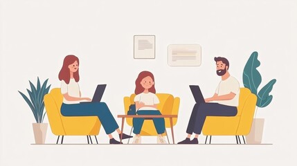 Aufkleber - Team collaboration in a modern workspace.  Three people working on laptops, engaged in a casual discussion.  Cozy seating arrangement