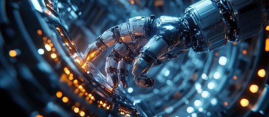 Cybernetic Hand Interacting with Futuristic Technology
