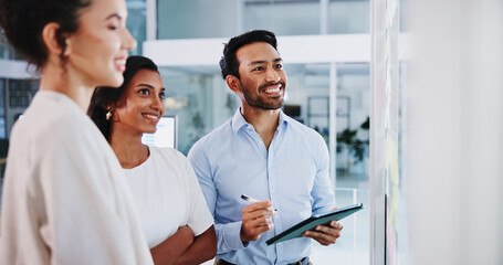 Fototapete - Glass wall, teamwork and business people in office, tablet and brainstorming for company website. Employees, about us or PR agency with ideas, tech and app for proposal or review for profit growth
